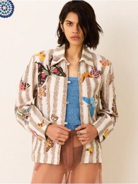 Alix Of Bohemia Striped Utility Jacket with Multicolor Butterfly Appliqués